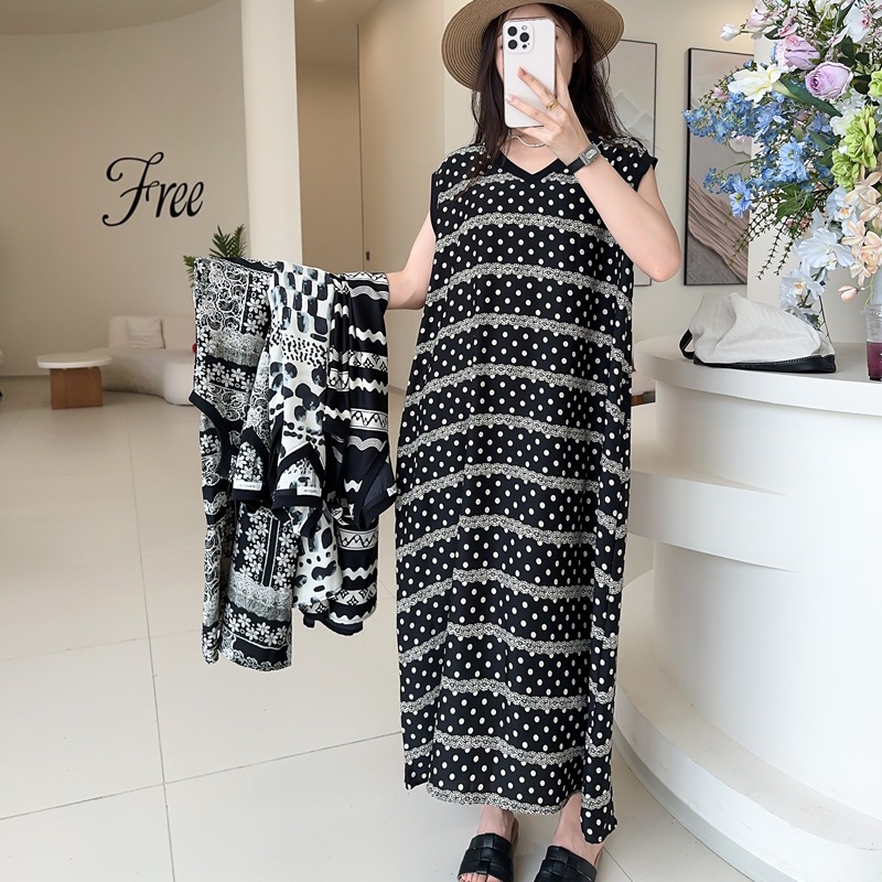 Summer New Fashion Ice Silk Satin Thin V Neck Dress Loose Casual Slimming Look Draped Sleeveless Long Skirt