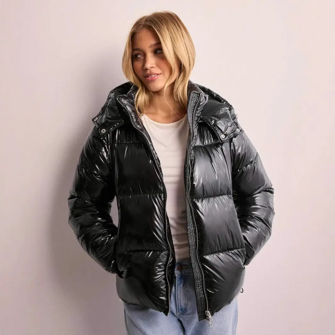 Women's Shiny Black Hooded Puffer Jacket
