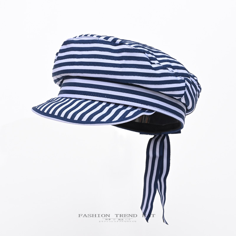 Korean-style Navy Sailor Hat Fashionable Striped Flat Top Beret Women's Summer and Autumn Retro Face Shown Duckling Tongue Hat