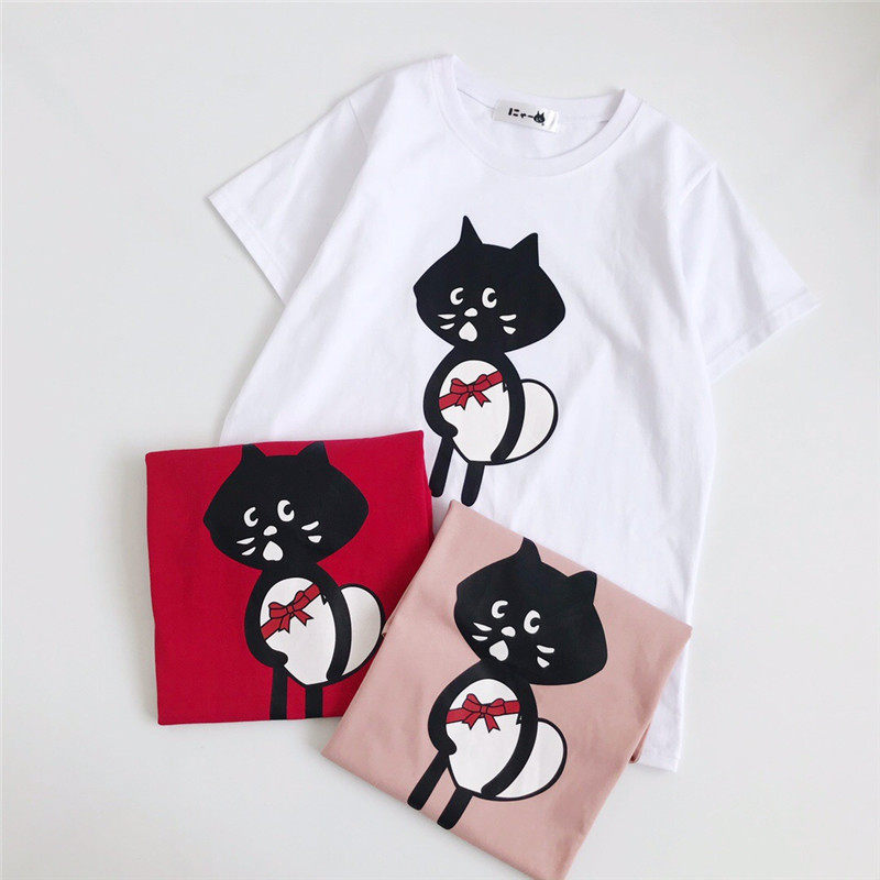 Japanese-Style Surprised Cat 25 Summer New Arrival Heart-Shaped Loose Round Neck Short-Sleeve T-Shirt for Women Foto QC de TAOBAO na Qualit.ly