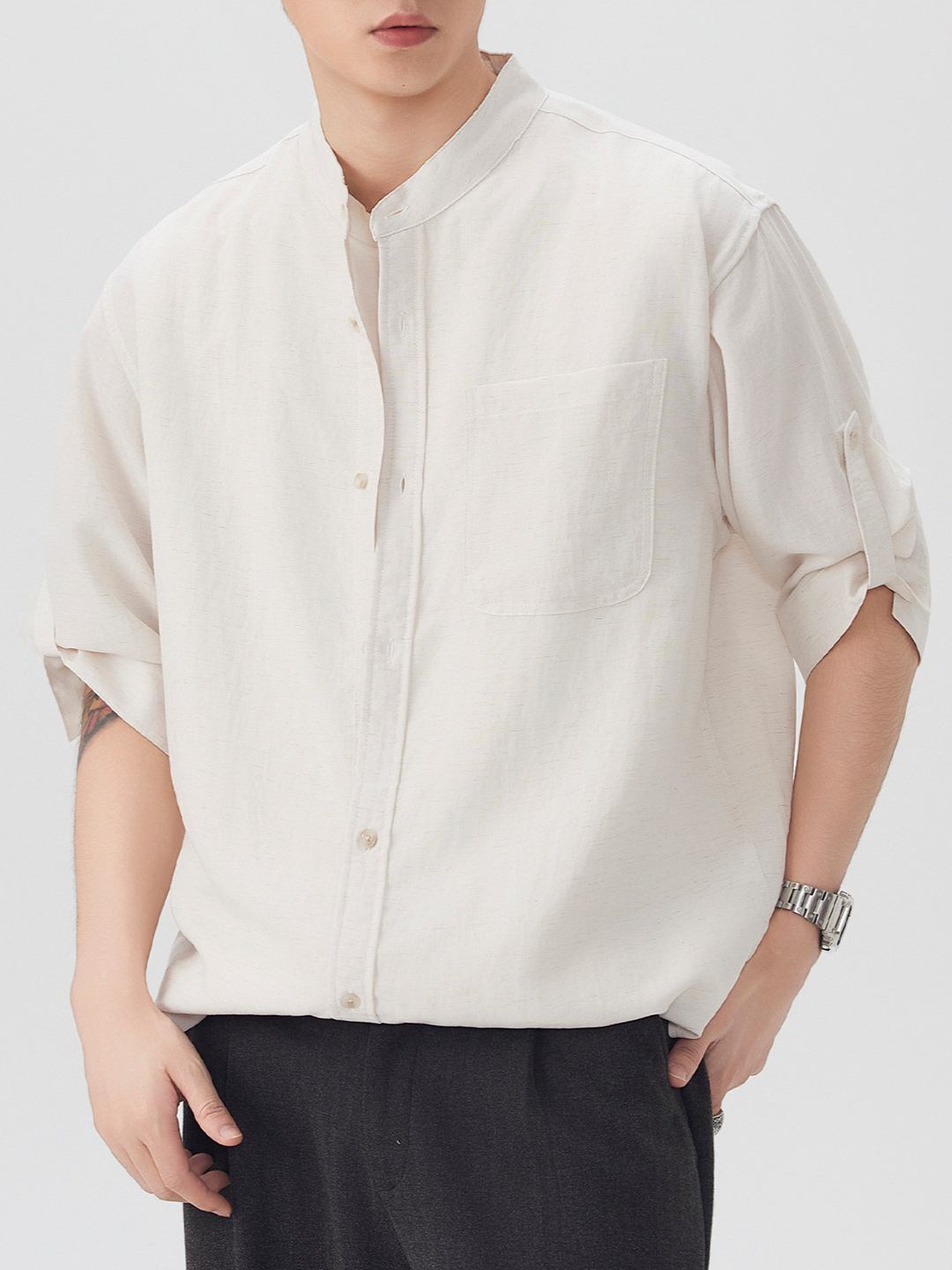 Trendy Solid Color Simple Versatile Stand Collar Short-Sleeve Shirt for Men, New Summer Style, Loose Casual Breathable Five-Quarter Sleeve Shirt
