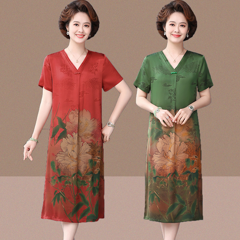 Chinese Style Mid-Length Dress for Women 2025 New Summer Middle-Aged and Elderly Mothers Imitation Silk Fashionable Skirt