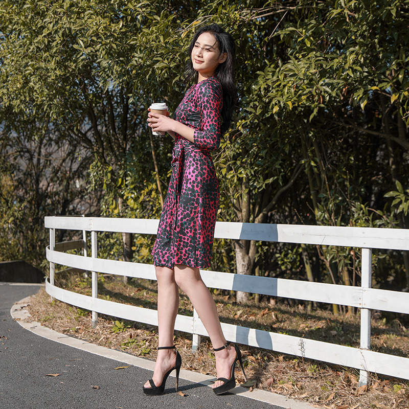 2023 Spring and Summer New Rose Red Ink Dot Print Wrap Skirt Urban Women's Body-Shaping Belted Dress