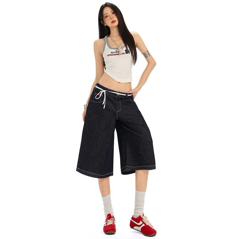 American-Style Original Cowhide Color Cropped Jeans for Women, 2025 Summer New Straight Loose High-Waisted Slimming Wide-Leg Pants