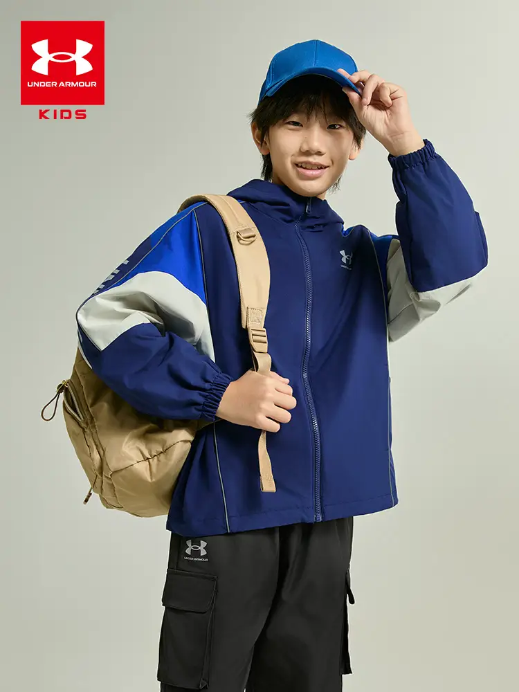 Under Armor Children's Clothing 25 Years New arrival Boys' Hooded Woven Outwear kids Contrast Color Patchwork Loose Casual Tops