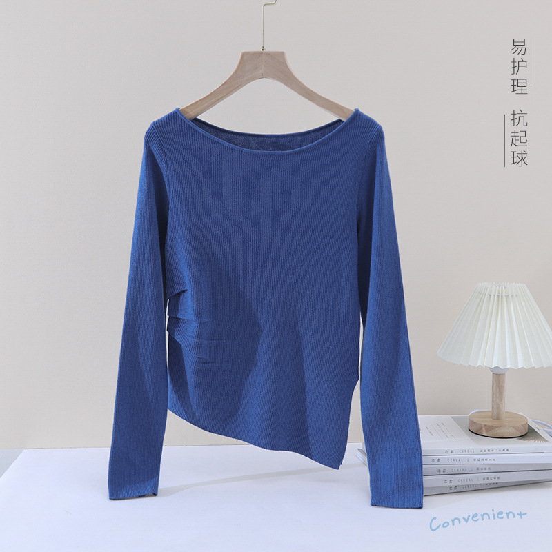Soft and Cute, Machine Washable, One-Line Collar, Diagonal Hem Bottoming Shirt, 2025 New Side Waist Pleated Flower Slimming Look Sweater for Women