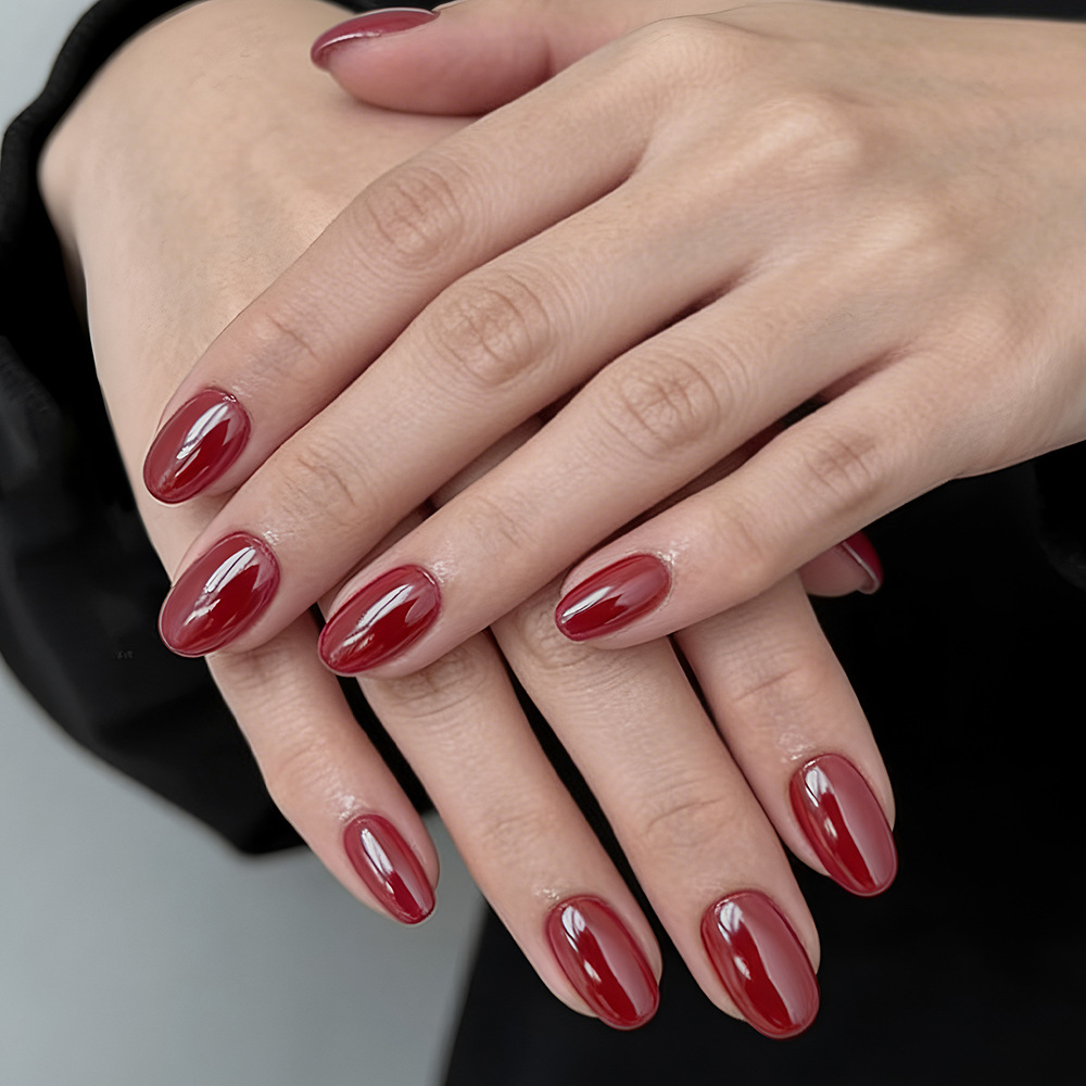 Daily Retro Red Electroplated Wearable Nails, Short Oval, Whitening Nail Stickers, Solid Color Nail Art, 32 Pieces, Removable