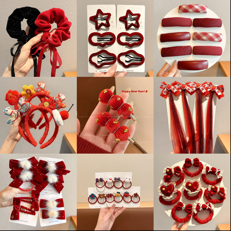 Clearance Sale: Red Hair Accessories Collection - Autumn/Winter Cute Pony Hair Clips, Hairbands, High-End Flocked Hairpins, and Hair Accessories for Women