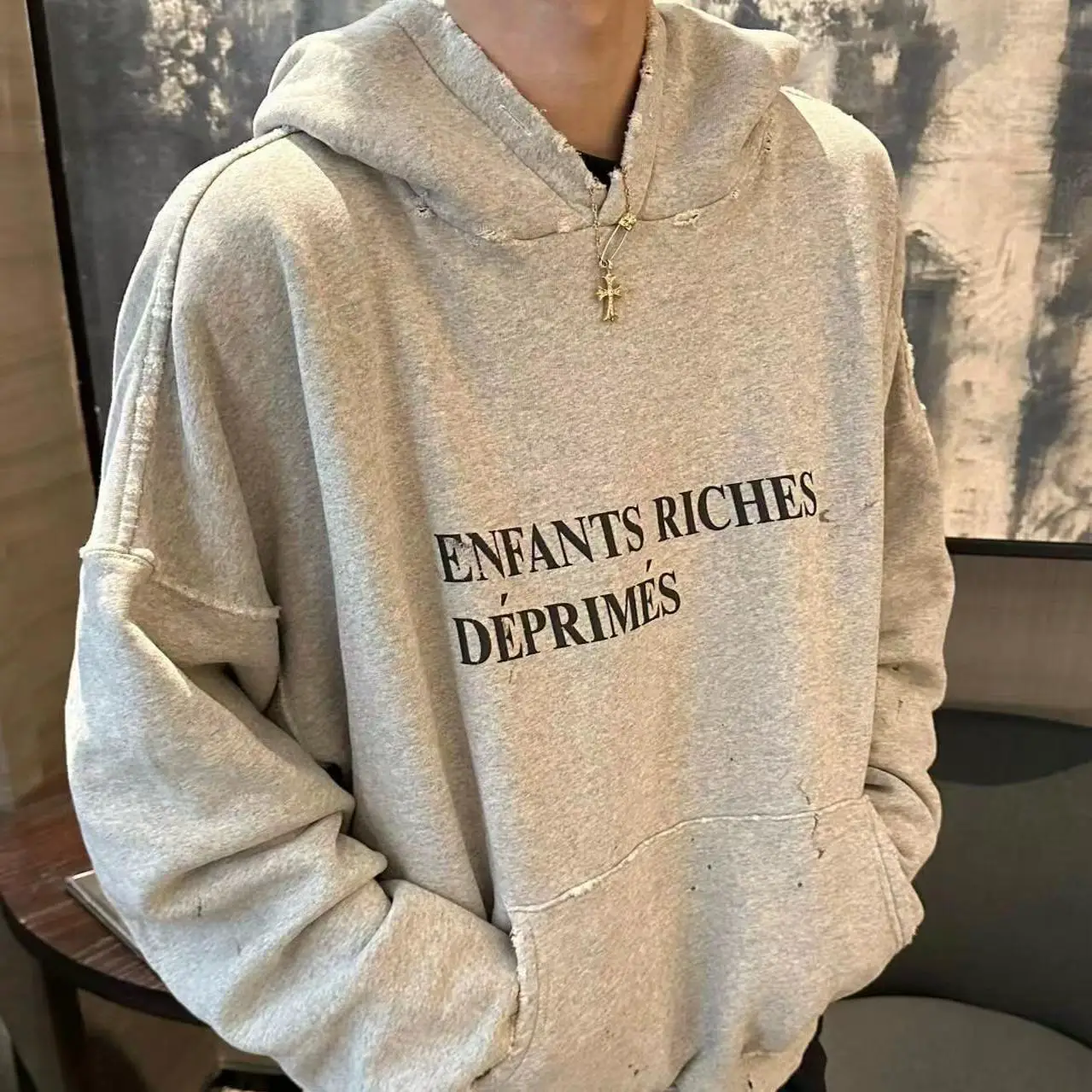 (In Stock) Erd Melancholy Rich Second Generation 24Ss Floral Gray Wormhole Slogan Fall and winter Splash Ink Heavy weight Sweatshirt