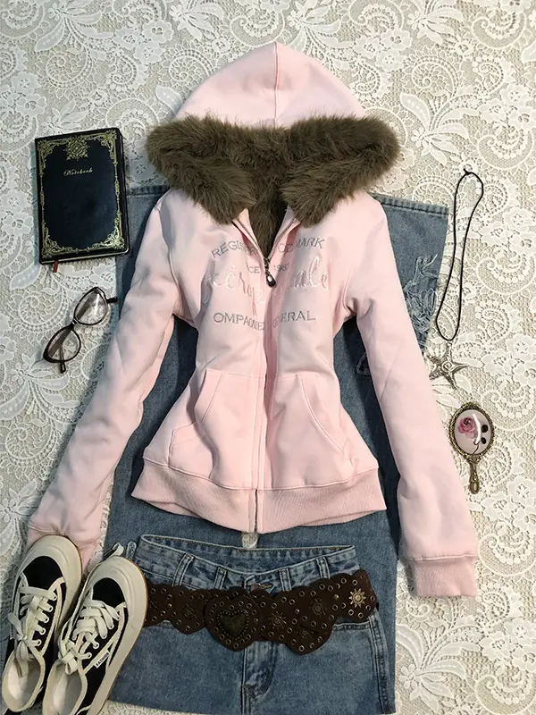 Baoye Young Adult Original Pink Fleece-lined Hooded Sweatshirt Outwear Women's Winter 2025 New arrival Sweet Tops Trendy