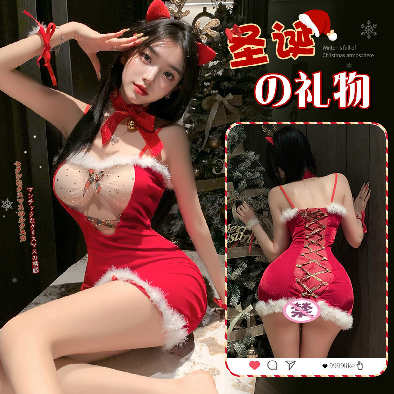 Mandy Christmas Sexy Lingerie Sheer Slit Velvet Date Dress with Straps and Bodycon Skirt 1296