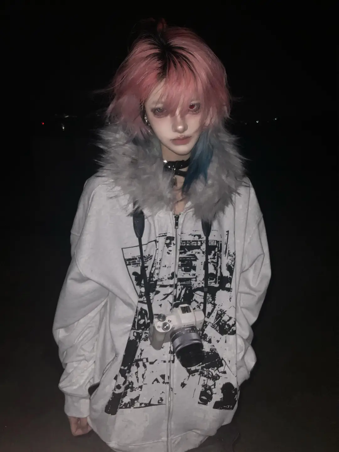 Y2k subculture fur collar jacket women's autumn and winter new style with fleece hooded sweatshirt cardigan visual style top vintage