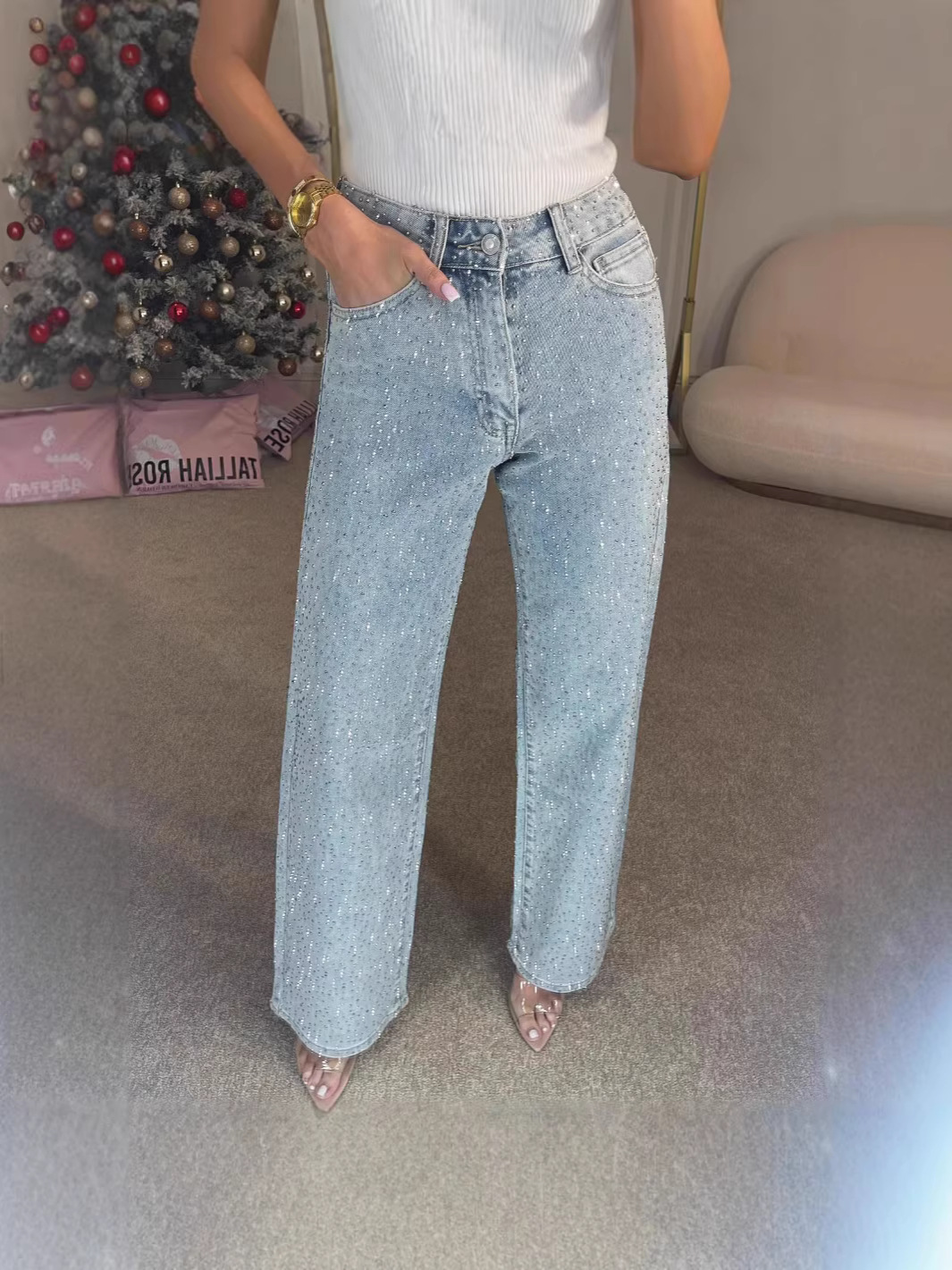 Customized Export European and American Amazon Women's Fashion Full Rhinestone Washed Denim Jeans, High-Waisted Straight-Leg Pants with a High-End Feel for Women