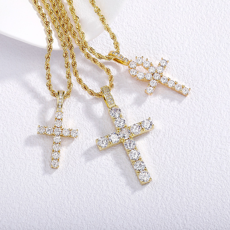 European and American Cross-border Hip-hop Diamond-encrusted Cross Copper Pendant Jewelry Men's Hiphop Simple High-end Twist Chain Necklace