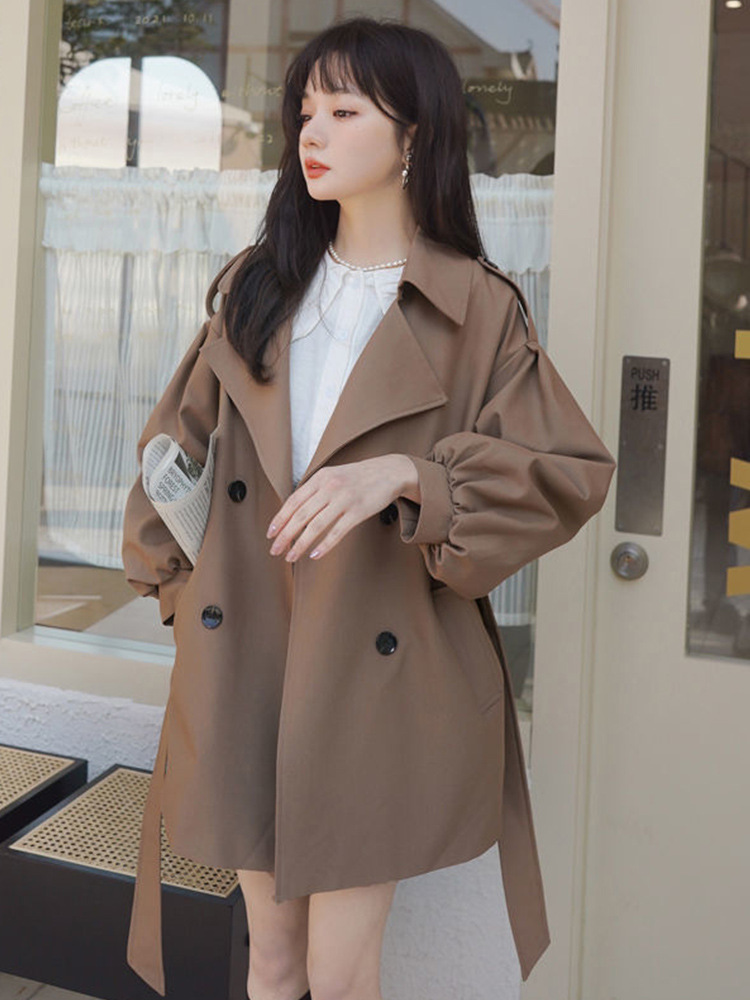 Coffee-Colored Short Trench Coat for Women, Loose Fit, New Korean Style, Spring and Autumn Wear, Lantern Sleeve Coat for Petite Figures