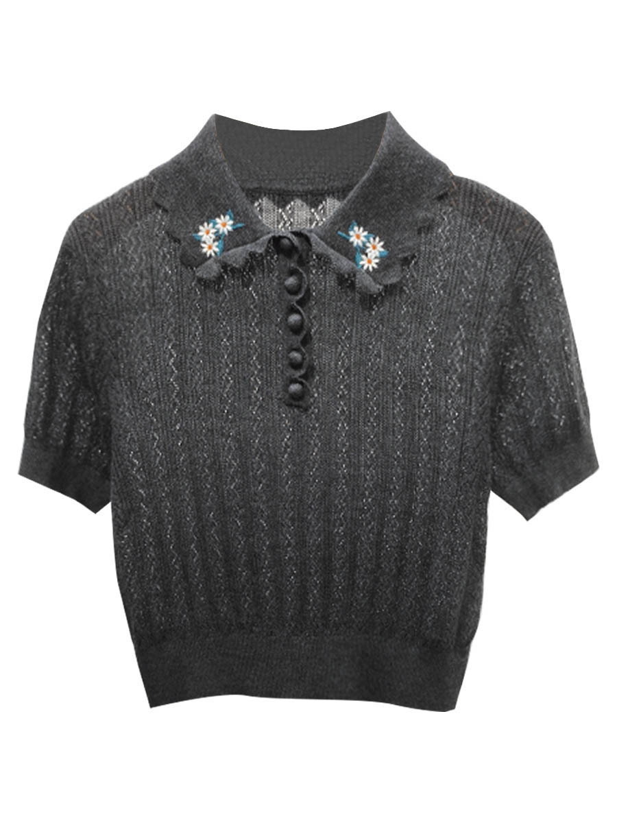 Sp2026 Early Spring Lapel Retro Embroidered Knit Sweater Women's Short Sleeve Slim Fit Short Style for Petite Figures Slimming T-Shirt