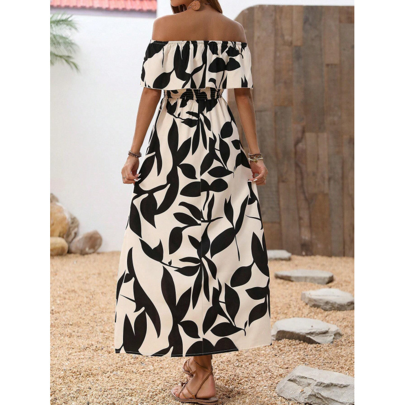 Women's One-Shoulder, Waist-Cinching, Slit Long Dress, Suitable for Work, Vacation, and Casual Wear, Summer Fashion Clothing