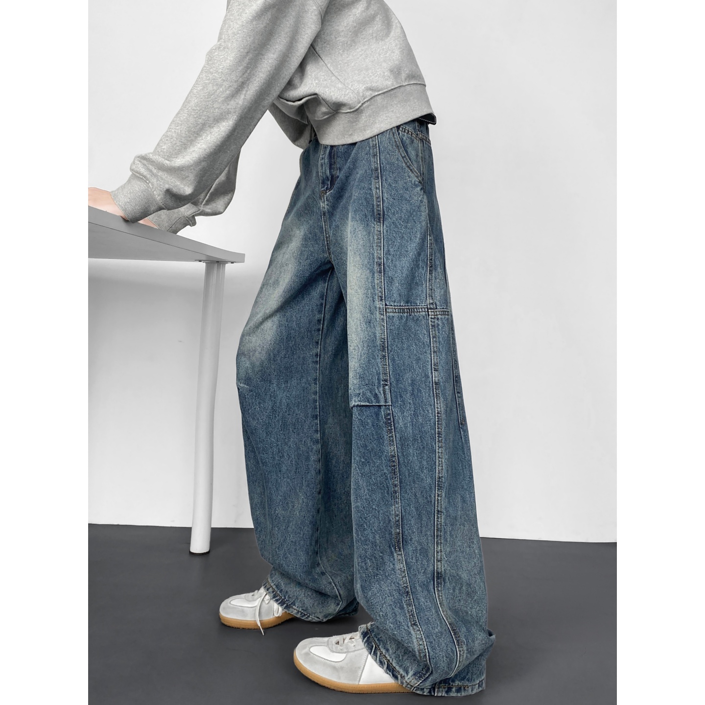 American Retro Blue Washed Patchwork Jeans for Men, Trendy Spring New Style, Loose Design, Straight-Leg Versatile Work Pants