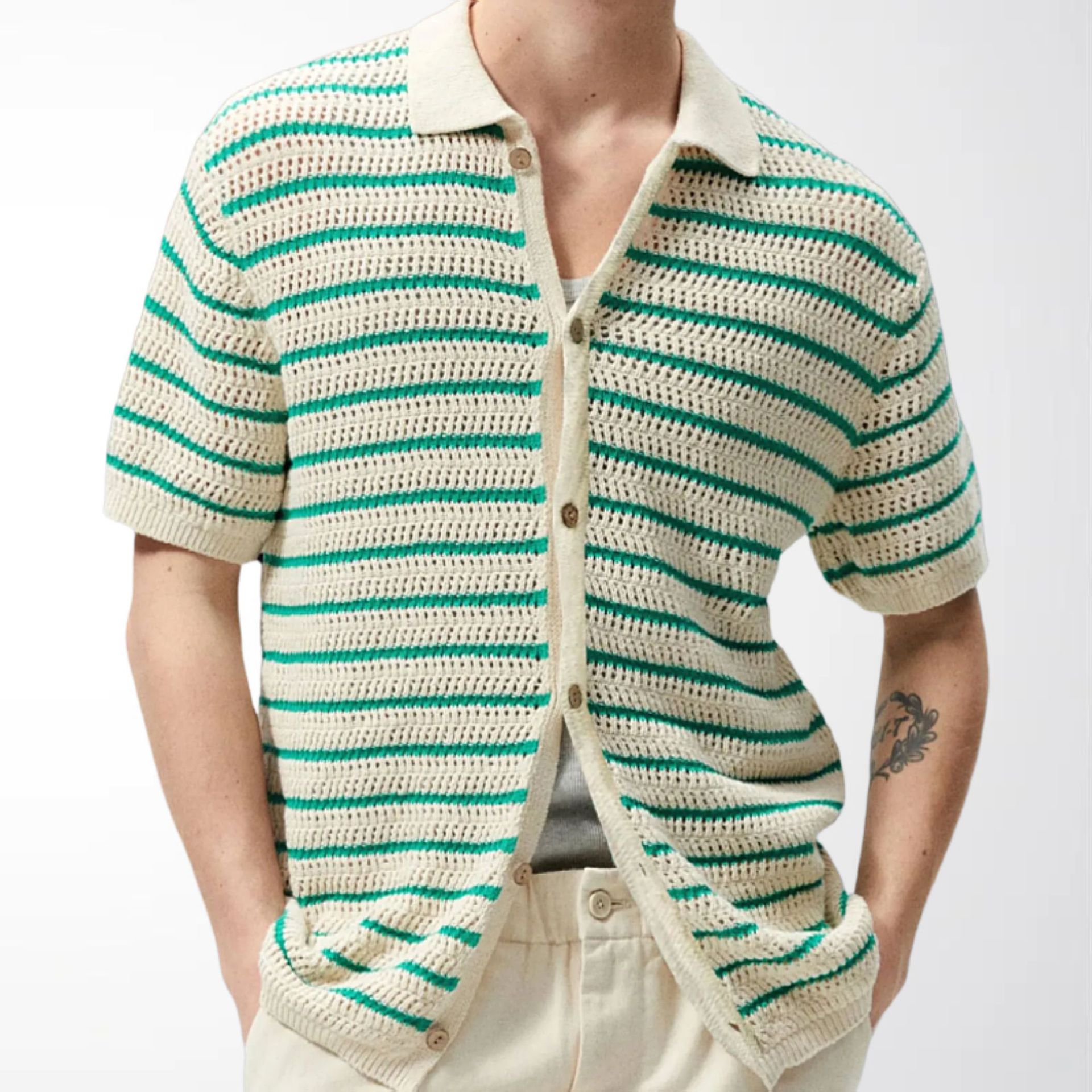 Cross-Border Men's Clothing European and American Style Men's Knitwear Color-Block Striped Hollow-Out Cardigan Polo Shirt Wholesale in Stock Sy0208