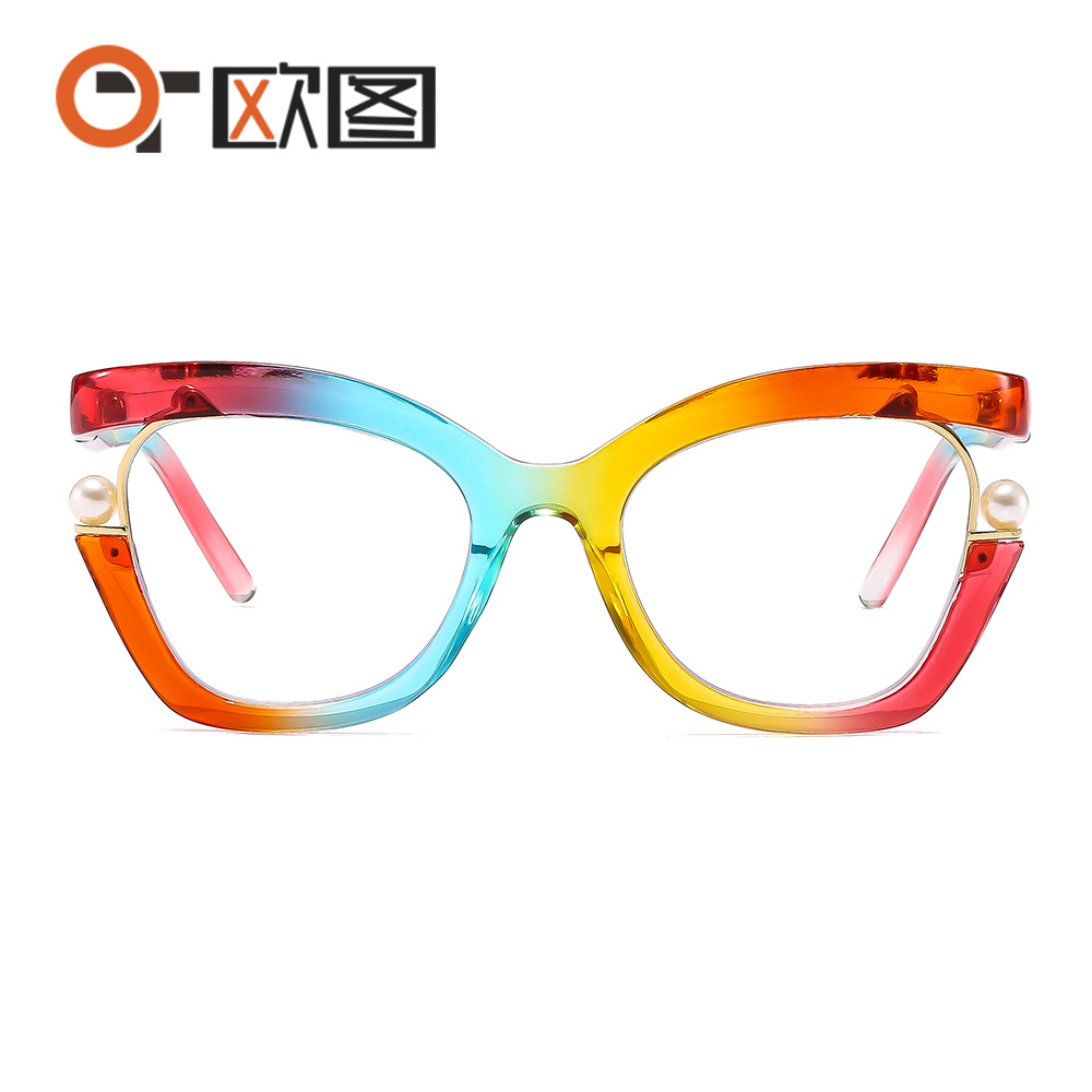 4109 Rainbow Color Gorgeous Women's Flat Mirror European and American ins Style Pearl Decoration Cat's Eye Glasses Frame