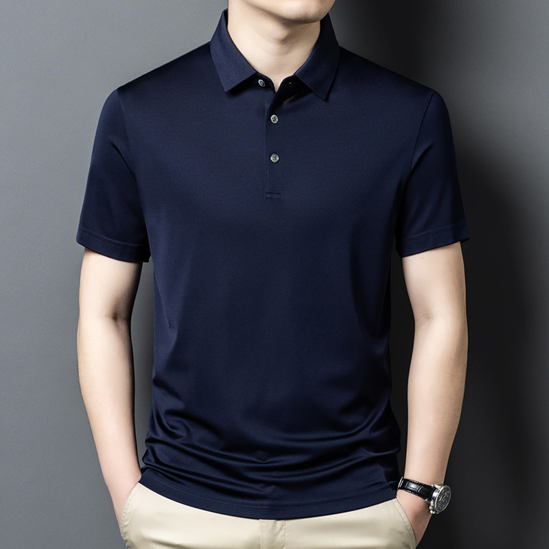 Summer New Middle-aged Men's 100 Mulberry Silk Short-sleeved Thin Lapel Solid Color Polo Shirt Simple All-match T-shirt