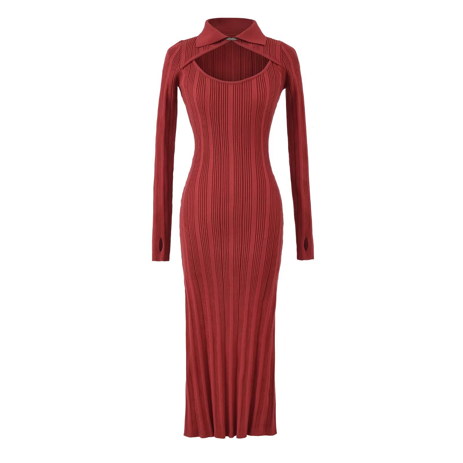 Red Elegant Slim-Fit Knitted Dress for Women, New Autumn and Winter Style, Hollow-Out Waist-Cinching Long Dress, Slimming Bodycon Dress
