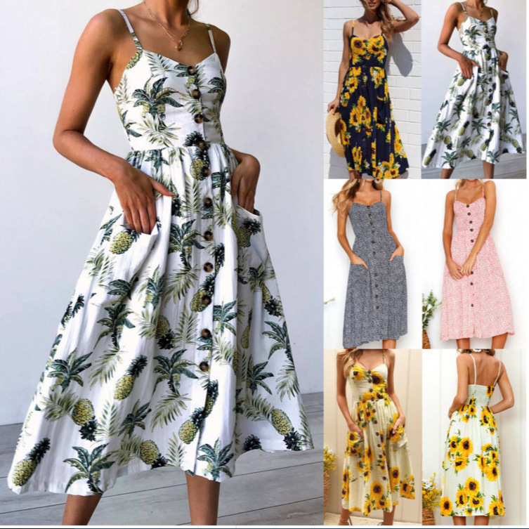 A large number of European and American summer new printed suspenders foreign trade cross-border hot long dress