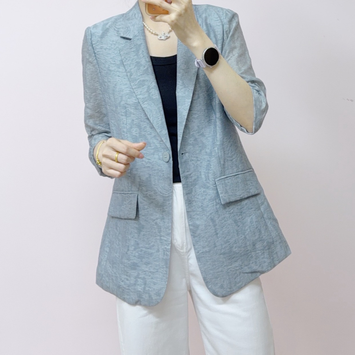 2026 Spring and Autumn New Fashionable and Elegant Jacquard Pattern Lapel Nine-Quarter Sleeve Blazer Top 079