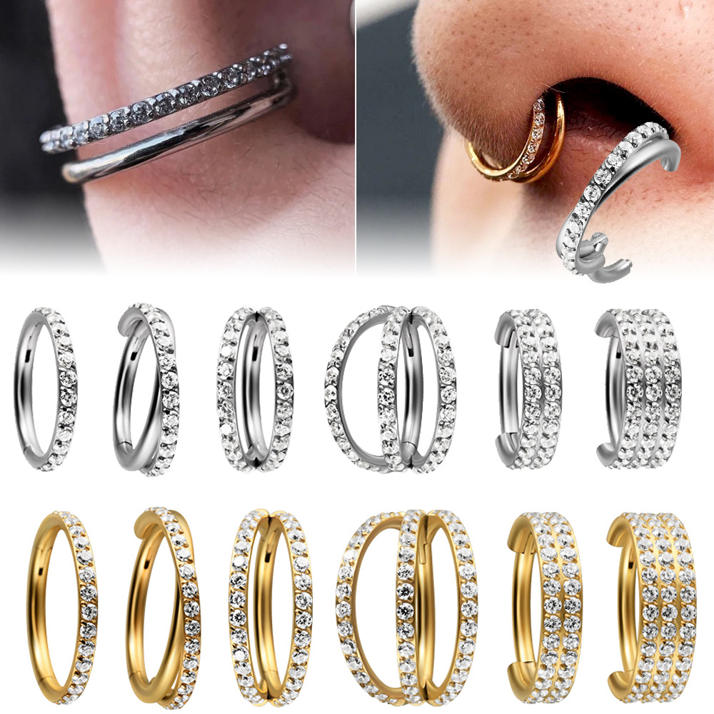 Stainless Steel Cross Single and Double Three-Layer Precision Inlaid Zircon Nose Ring 1.2mm Round Closed Ear Bone Cartilage Helix Earrings
