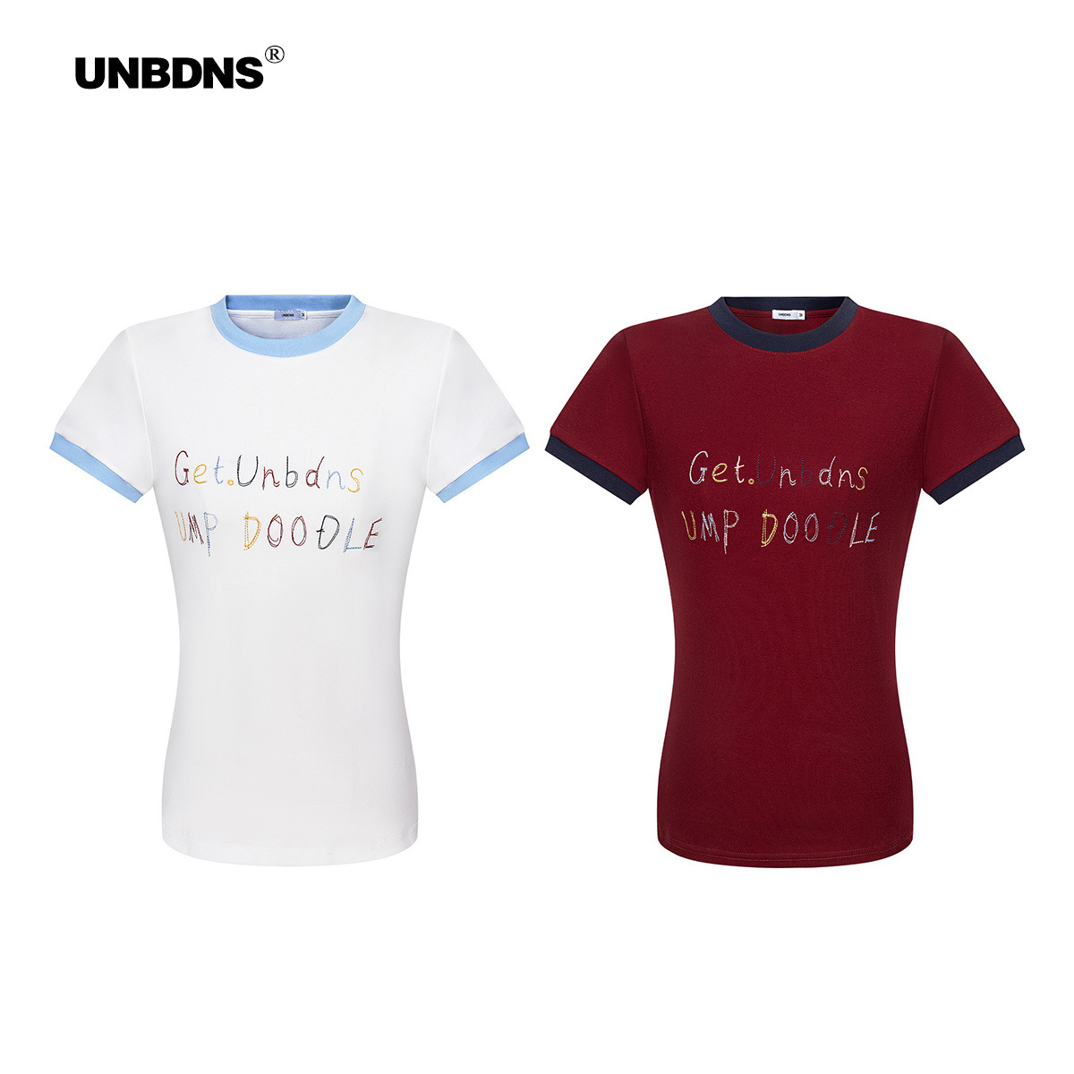 UNBDNS Handwritten Letter Color Slogan Printing Color-contrast Edge Round Neck Shoulder Comfortable Slim-fit Short-sleeved T-shirt for Women