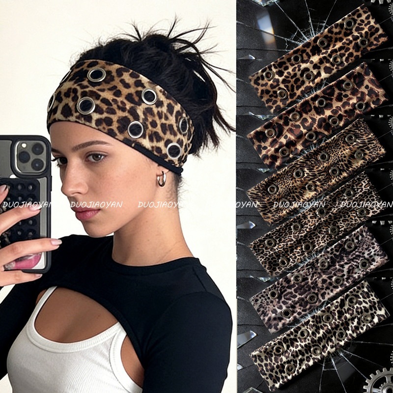 Cross-Border Punk Retro Leopard Print Metal Hoop Headband Fashion Street Style Elastic Headscarf Versatile Sports Wide Band