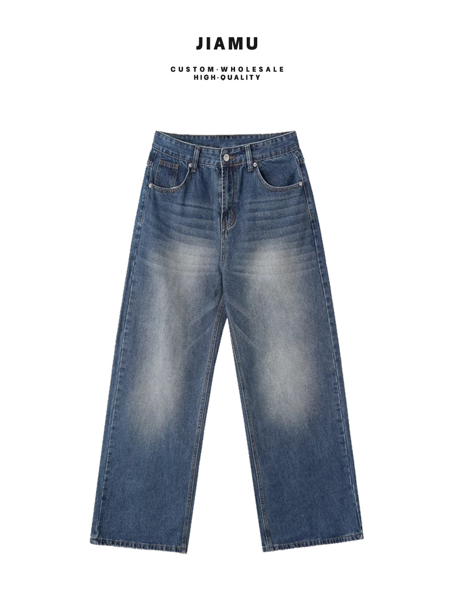 JIAMU American Style Loose Autumn and Winter Type A oversize Neutral Style Straight Tube Micro Wide Leg Jeans for Men and Women