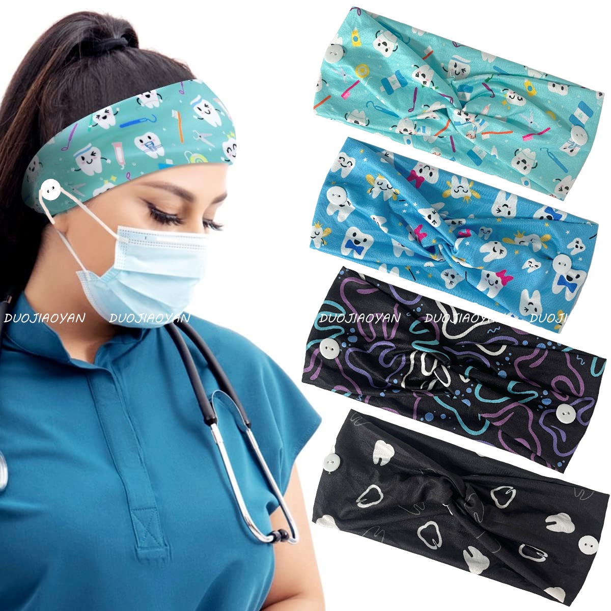 Amazon's New Medical Headband with Tooth Print, Button Cross Headscarf, Wide Elastic Sweat-Absorbing Hairband