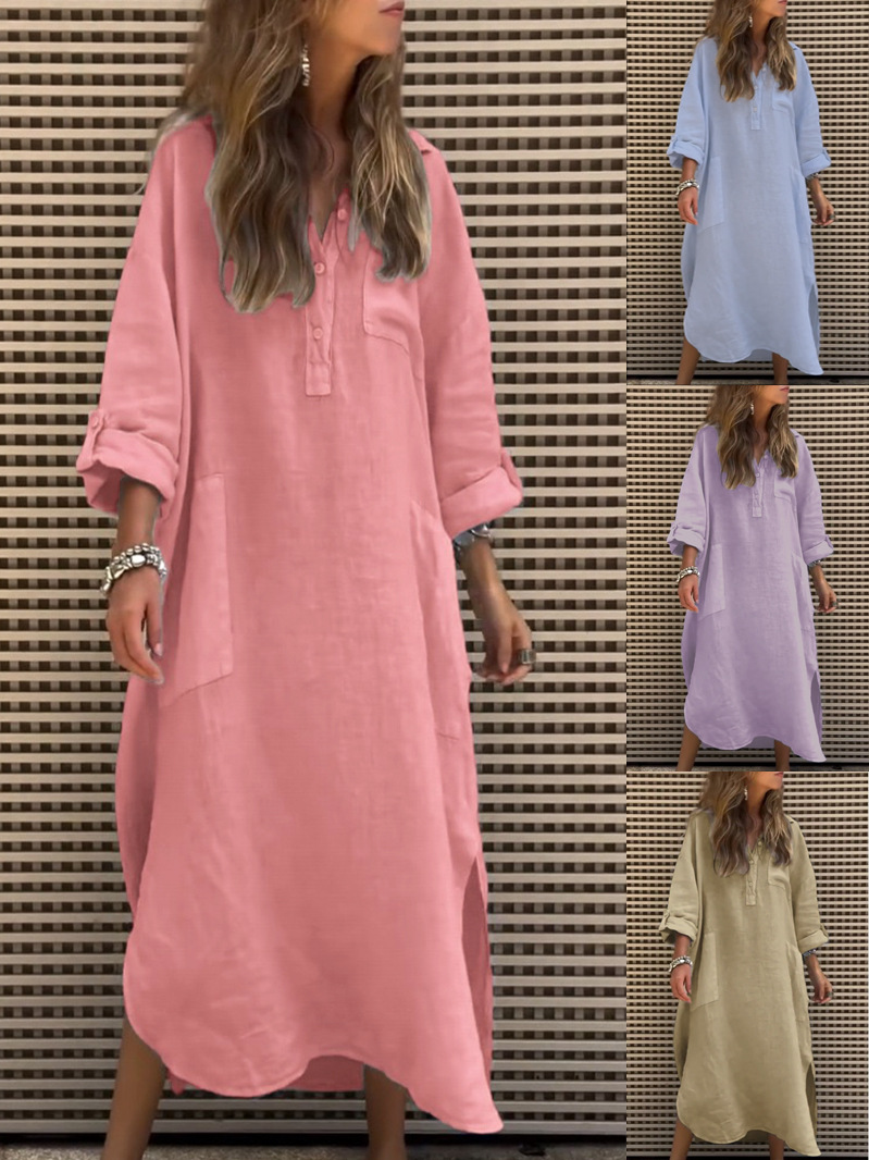 2026 New Cross-Border Women's Spring and Summer Elegant Solid Color Irregular Dress Simple Button Pocket Long Dress Women's Clothing