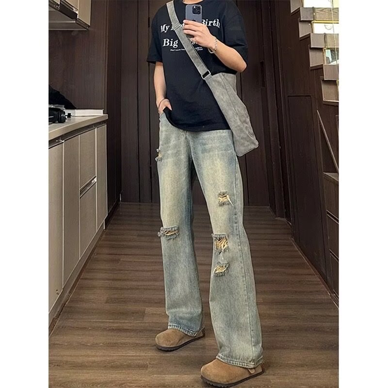American Street Washed Old Ripped Jeans Men's Spring and Autumn Straight Loose European and American High Street Vibe Style Long Pants