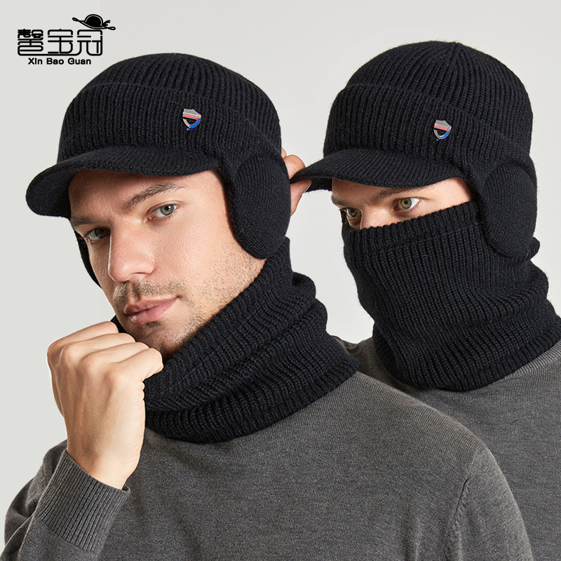 9148 winter warm earmuffs hat scarf suit fleece-lined wool hat men's European and American cross-border pullover knitted hat