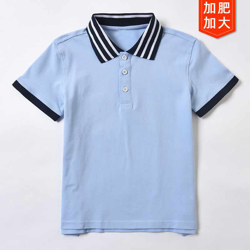 Fat Children's Blue Short-sleeved Polo Shirt Boys Summer Plus Fertilizer Plus Size School Uniform Children's Cotton Big Children's Lapel Striped T