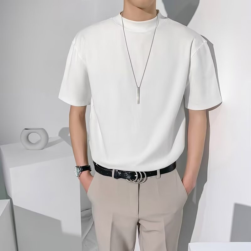 Half Turtleneck White Casual Pure Color T-Shirt High-End Light Mature Style Men's Short-Sleeved Men's and Women's T-Shirt Bottoming Shirt Trendy