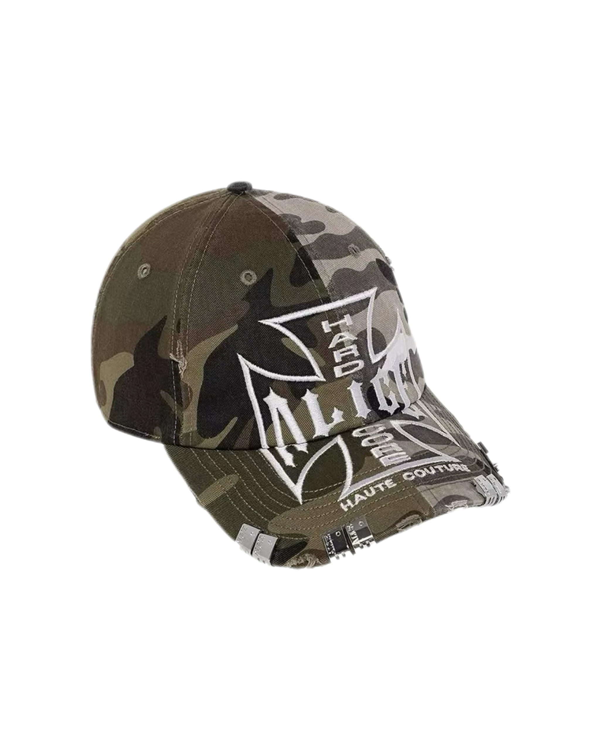 Alice Hollywood Camouflage Splicing Embroidered Cross Washed Duck Tongue Hat Clip Buckle Hardware Embroidered Hat