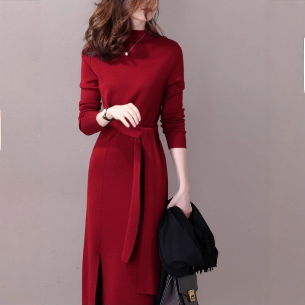2025 Spring New Knitted dress Women's Semi-high Neck Long Sleeve Slimming Mid-length Coat Sweater Dress