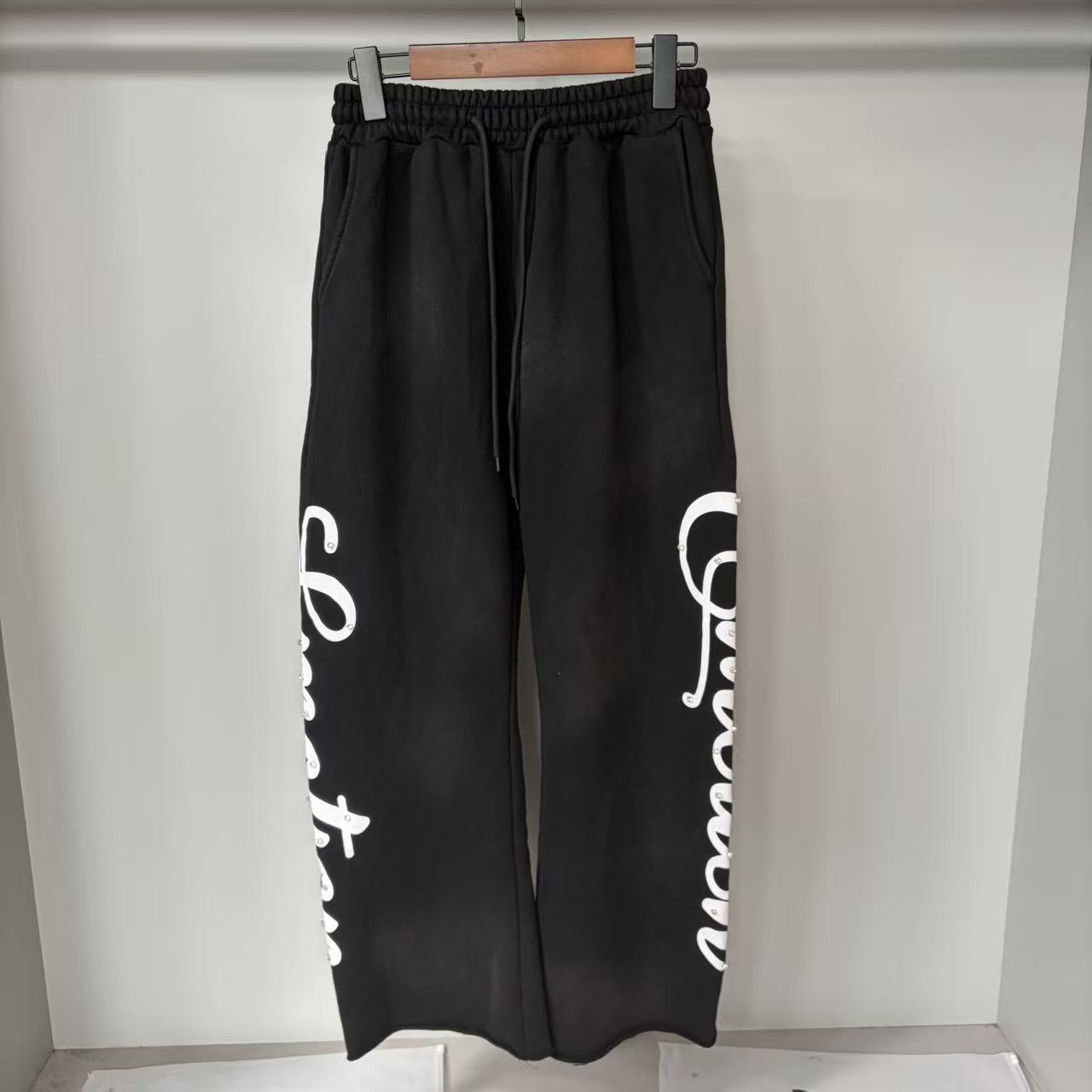 Mixed Emotion Trendy Street Style Rhinestone Letter Print Drawstring Sweatpants Washed Vintage Unisex Long Pants Ins