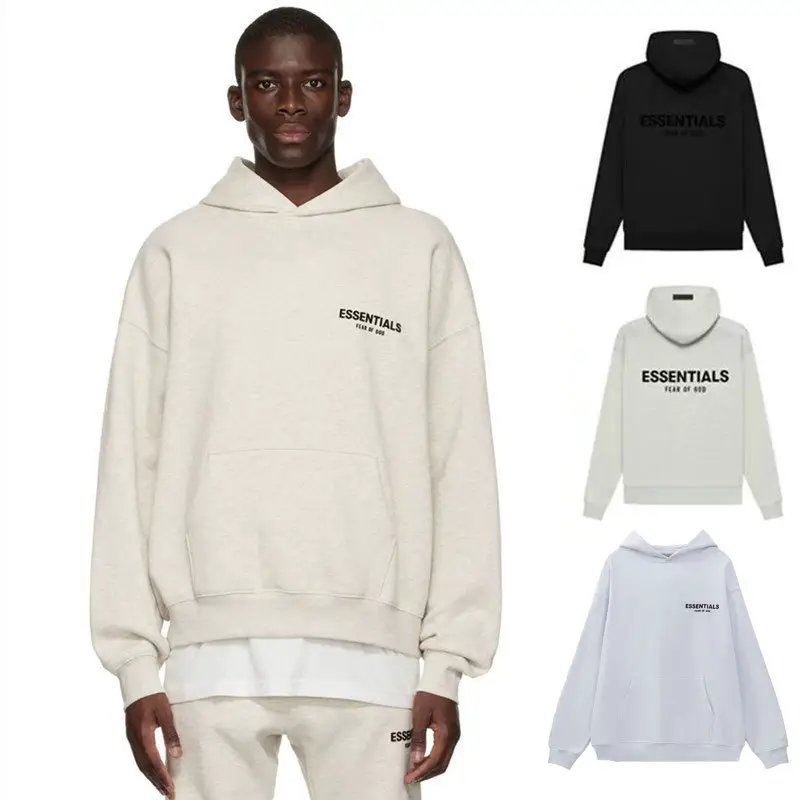 Heavyweight Cotton Drop Shoulder Essentia Sweatshirt American Style Hooded Trendy Brand Fog High Street Autumn Flocked Print Sweatshirt for Men