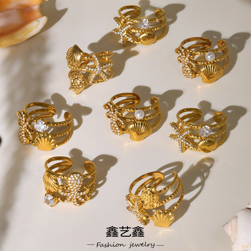 Xinyixin Ocean Series 5A Zircon Starfish Shell Open Ring Combination Stainless Steel Material 18K Real Gold Plated