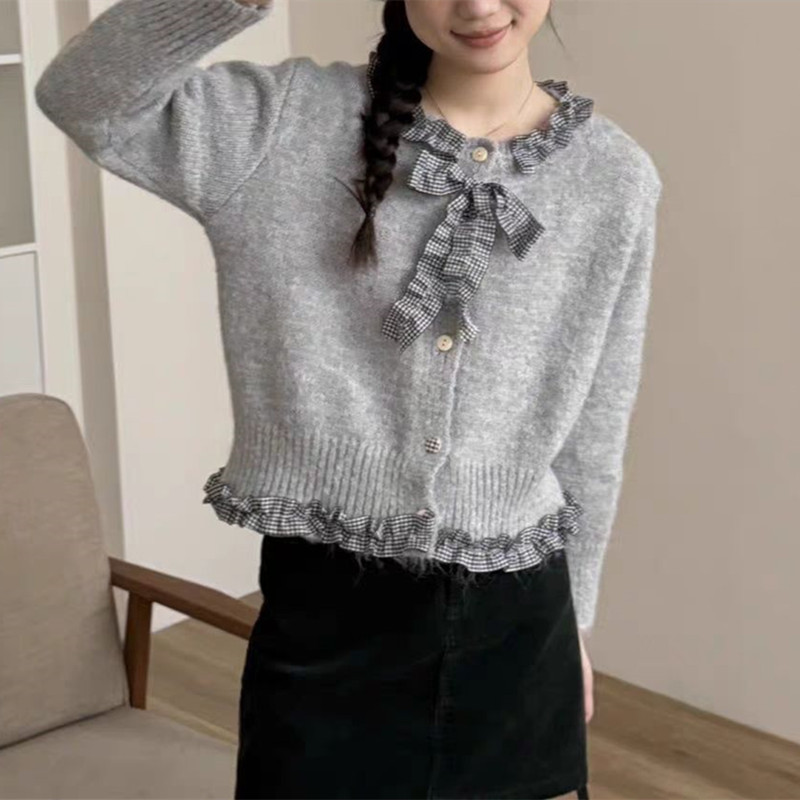 2025 Autumn and Winter New Soft Mohair Knitted Short Jacket Korean Style Plaid Bow Patchwork Sweater for Women