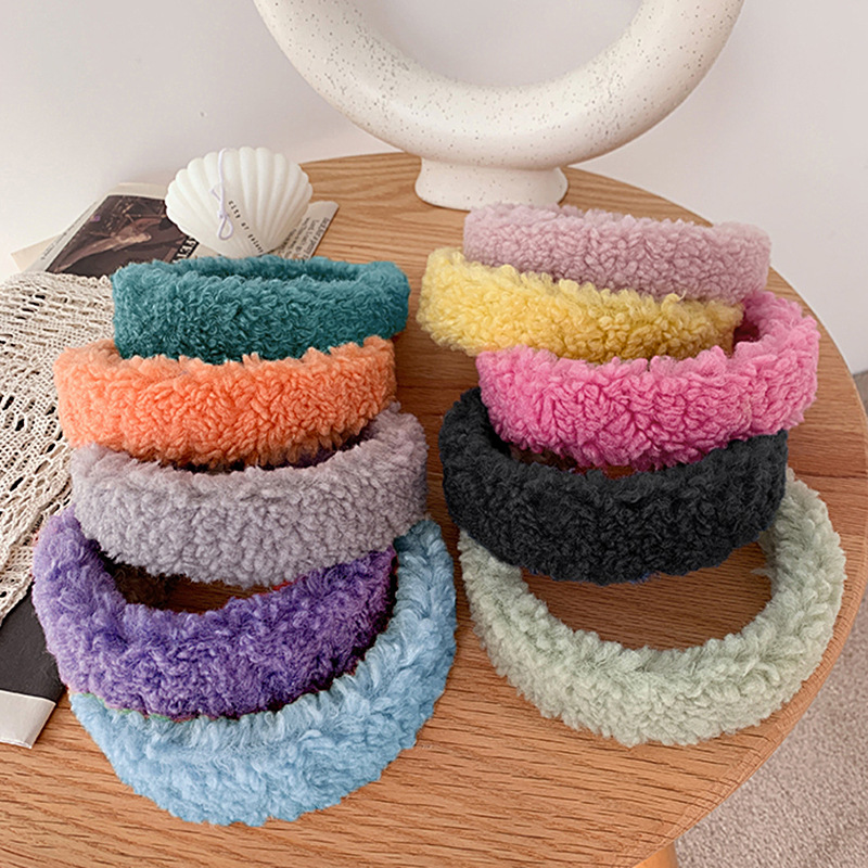 Autumn and winter New lamb wool wide edge headband candy color cute Teddy velvet headband simple all-match face wash hair accessories for women