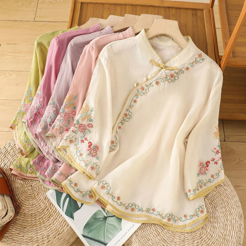 2025 New Summer Diagonal Lapel Chinese Embroidery Cotton and Linen Short-Sleeved Loose Slimming Women's Retro Tops with Buckles