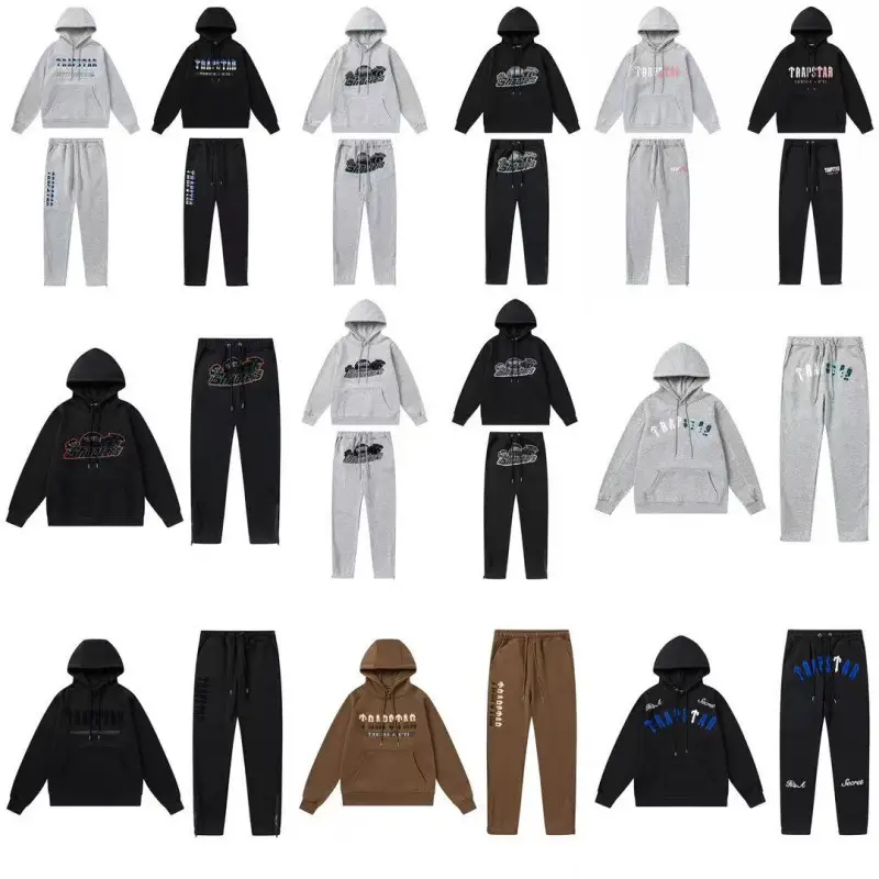 Trapstar's New Rainbow Color-Blocked Letter Embroider Fleece-Lined Loose Zipper Hooded Sweatshirt Casual Pants Suit
