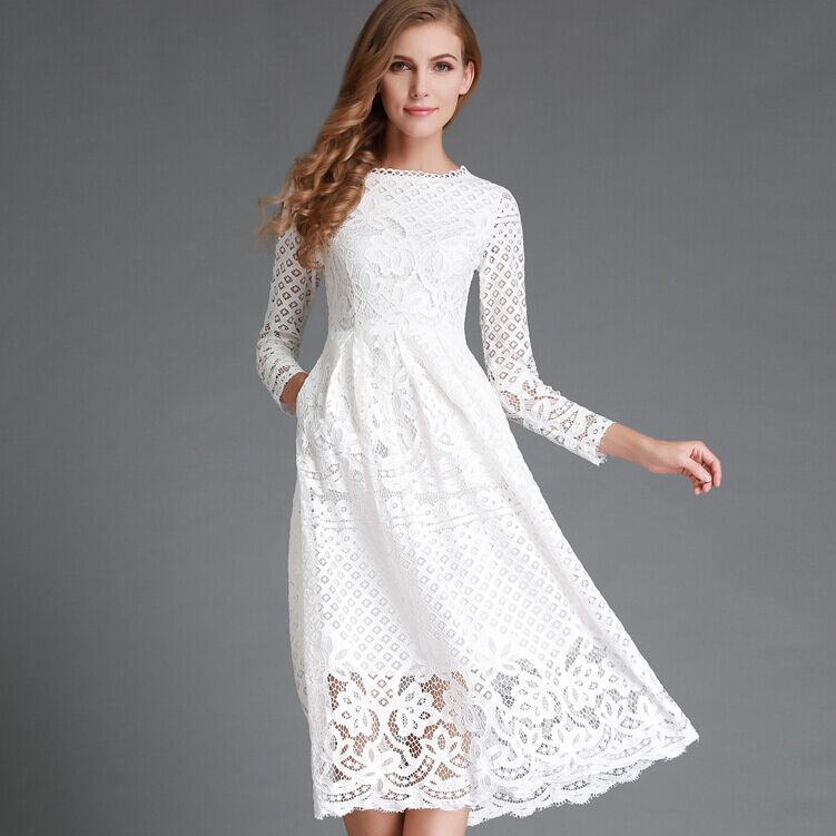 2025 New European and American Export Autum Women's Clothing Amazon White Dress Round Neck Lace Long-Sleeved Slim Mid-Length Skirt