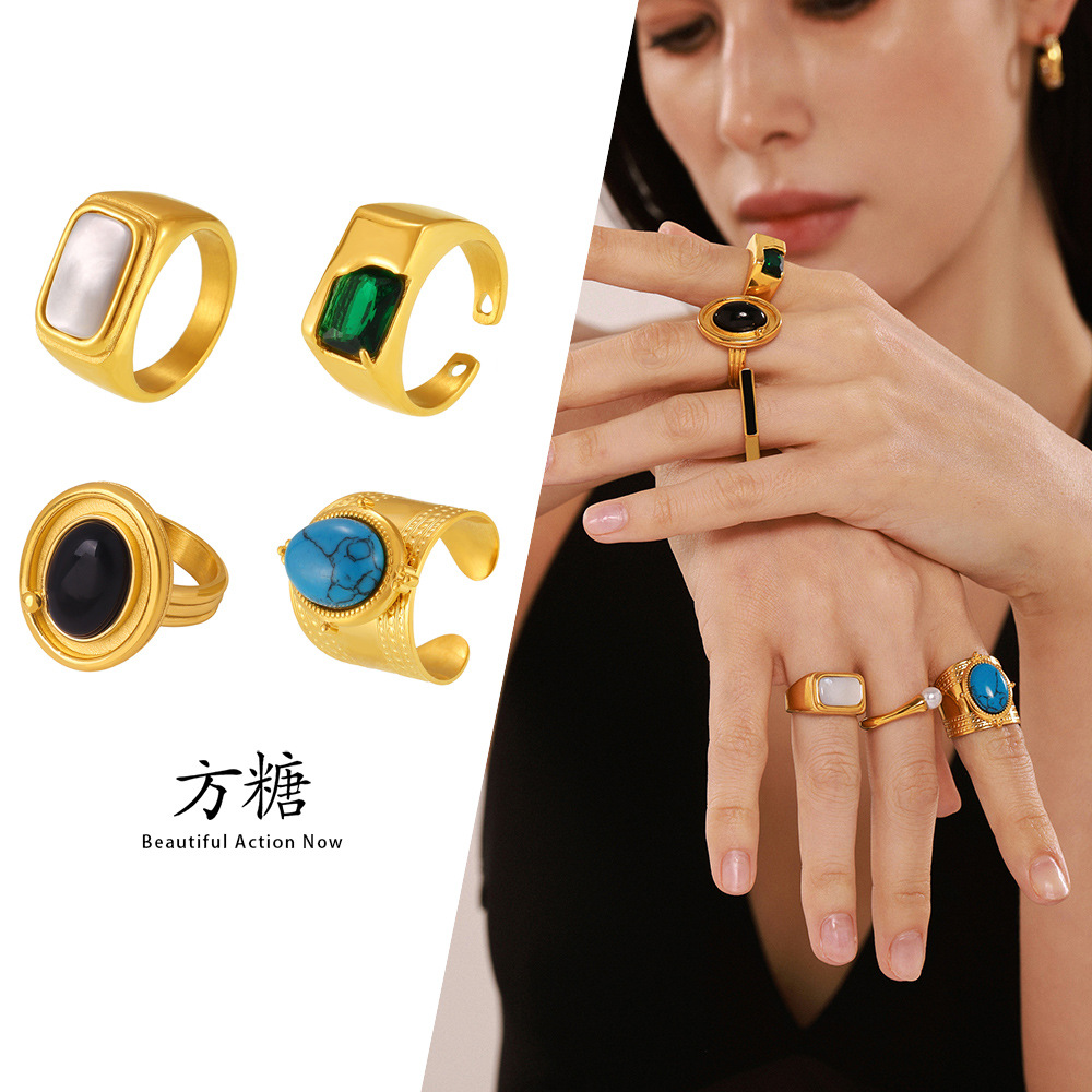 Sugar zircon inlay ring fashion personality ins wind cross-border stainless steel color retention finger ring combination wholesale