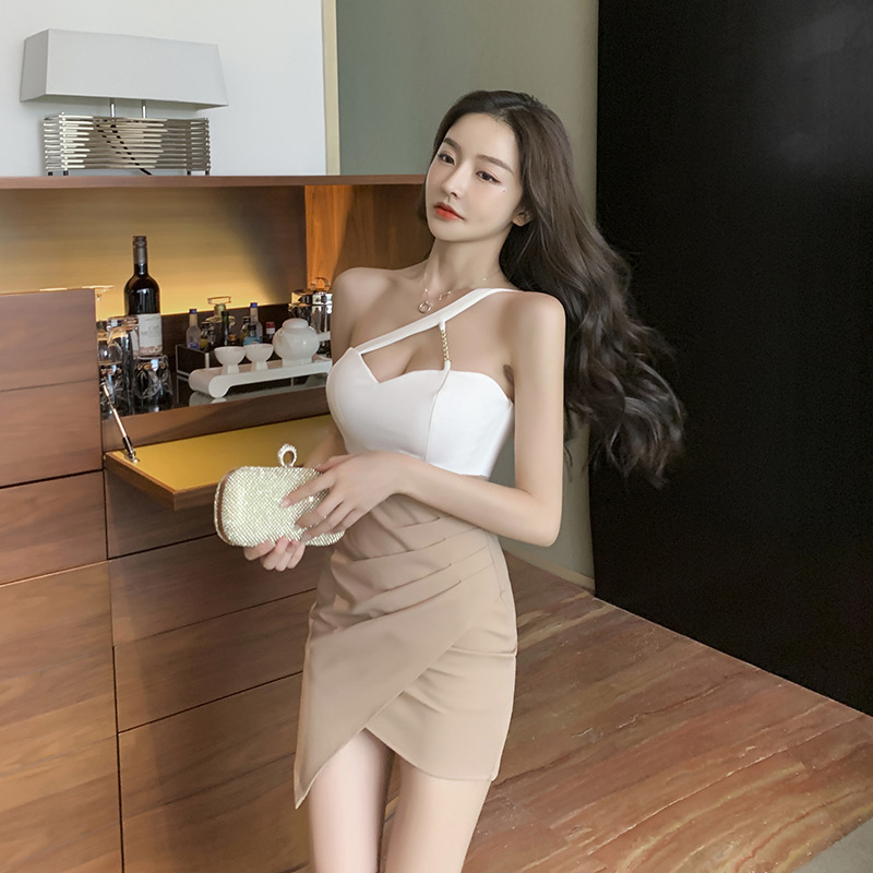 Low-cut sexy off-shoulder split hip dress design sense temperament color matching tight irregular women's short skirt